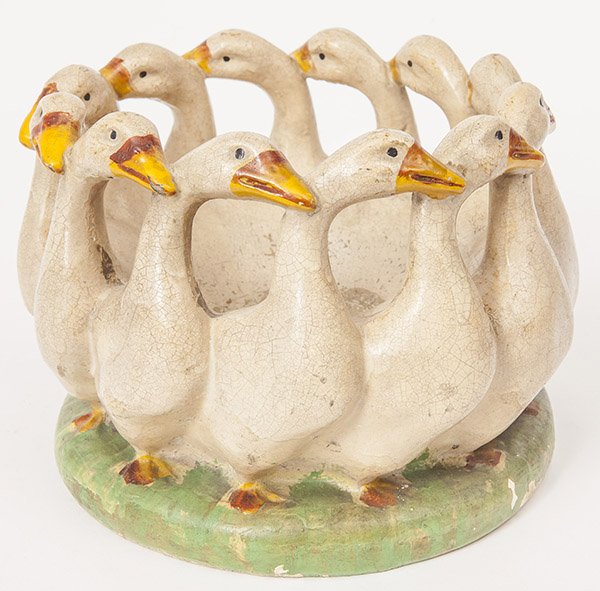 Arts & Crafts Plaster Bowl: in the form of a gaggle of geese in original polychrome painted finish, circa 1910, 8.5" diameter x 6.5" high.