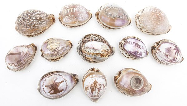 Lot of Souvenir Cameo Shells: lot of 12, including two with the Lords Prayer; "48th Convention Chicago1936, Loyal Order of Moose"; one inkwell with "Asbury Park; "Soldiers Home Dayton, Ohio; "Souvenir For Mother From Galveston"; "