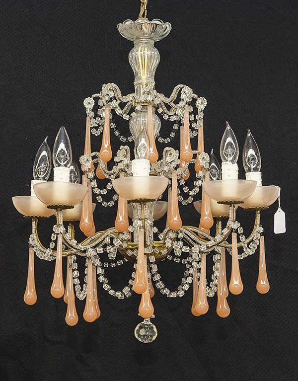 Ercole Barovier Chandelier: Italian, 1940's chandelier. Eight branches with beaded borders. Pink glass prisms with drapping glass beads. Size 16dia x 24h