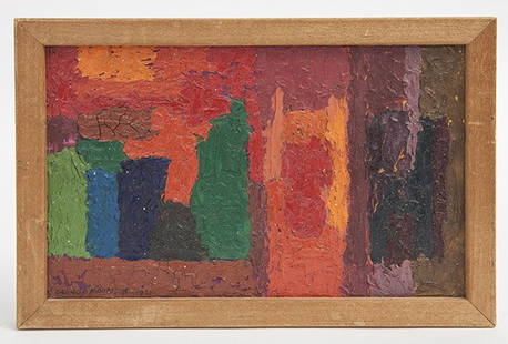 George Morrison (1919-2000) Oil: Oil on Masonite, untitled, abstract expressionist. Signed ll and dated 1961. Size 8.25 x 12.5 sight.