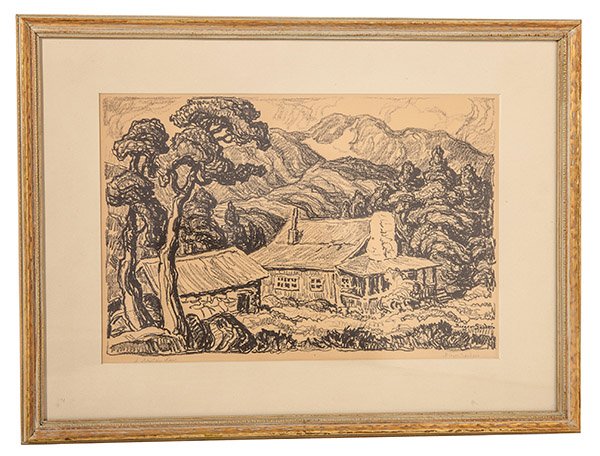 Birger Sandzen (1871-1954) Lithograph: Lithograph on paper, titled, "A Mountain Home" Signed in pencil LR . Size 12.5 x 18 Image Size.