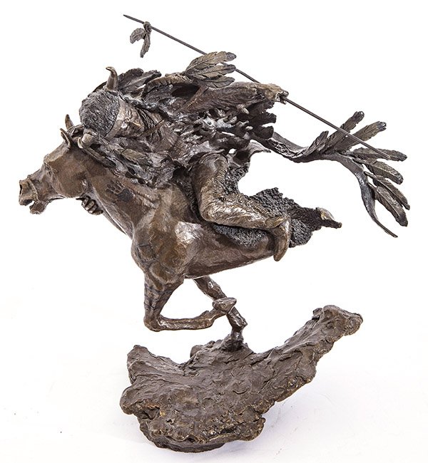 Mark Hopkins (21st Century) Bonze: Bronze of Indian riding horse while attacking. Signature to base. Size 16w x 17d x 16h.