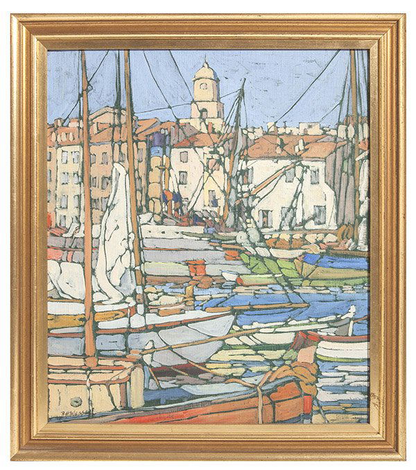 Bessie Hoover Wessel (1889-1973) Landscape Oil: Oil on board. Landscape with boat at dock. Signed LL. The Finest Wessel painting we have ever sold. 21.5 x 18.5 sight.