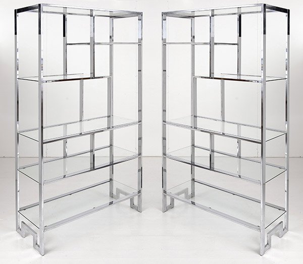 Milo Baughman Etagares: Etagere, pair. Thayer Coggin. Chrome plated metal, glass. 36w x 15d x 72h