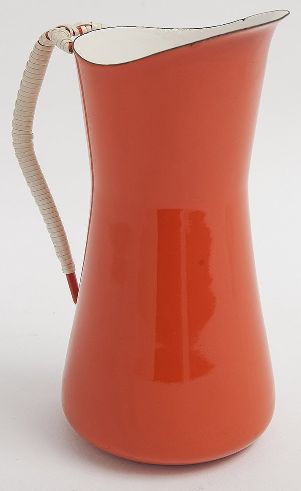 Jens Quistgaard Pitcher: Dansk Pitcher. Enameled metal, can 1st year production. Manufacturer's mark to underside. 6w x 4.5d x 9.5h