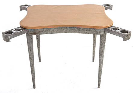William (Billy) Haines Game Table (Attribution): Custom B. Morphie Game Table. Original pull out corner inserts with ashtray and coaster. Supposedly originally from David Mag II and Ann Rutherford, Beverly Hills CA. 35 x 30 x 29.5h Cerused oak, leat