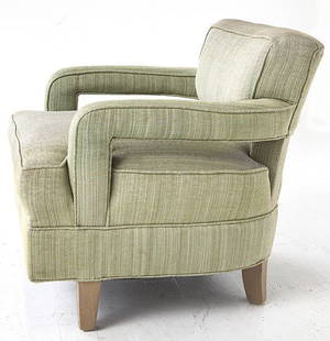 William (Billy Haines) Attribution: Hollywood Regency arm chair with unique cut out arm design. Lacquered wood, upholstery. 39w x 31d x 28h
