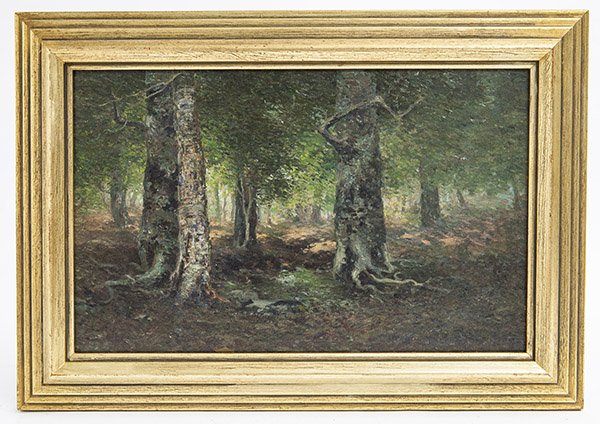 Oil, Forrest Interior: On board, Woodland scene, signed LR ,iIllegible, sight 10h x 16w