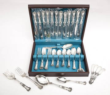 Buttercup, Sterling Flatware, Gorham: Monogrammed "G" 12 dinner knives, 5 iced tea spoons, 14 teaspoons, 4 dinner forks, 3 luncheon forks, 1 salad fork, 2 tablespoons, 2 large serving spoons, 2 meat forks. Approximatele total weight 50