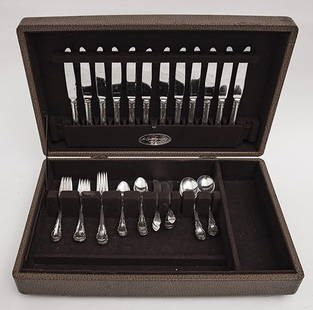 Lunt Sterling Flatware: Not monogrammed. 3 dinner forks, 3 luncheon forks, 7 dessert forks, 7 cream forks, 11 teaspoons, 7 butter knives, 12 dinner knives. Approximate weight 43 ozt including knives 1/2 ozt each
