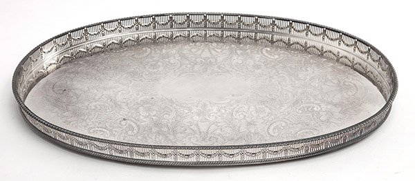 Outstanding Footed Sheffield Tray: Large oval tray with pierced border with embossed draping garland. Beautiful etched floral center, and molded borders. Marked Sheffield England to underside. Size 24.25l x 16.5w x 24 h Approximately