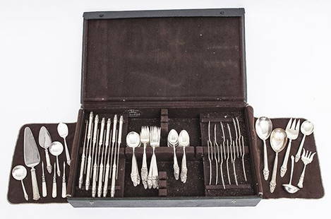 Hispana/Sovereign, Gorham: Not Monogrammed. 12 dinner knives, 12 butter knives, 9 dinner forks, 9 salad forks, 20 teaspoons, 9 cream soups, 2 small boullion, 1 sauce ladle, 2 dressing spoons, meat fork, pie knive. Approximate