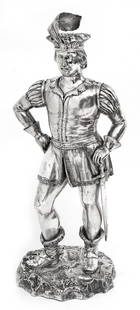 Outstanding German Silver Figural Decanter: Circa 1890, Hanau, Germany. Maker unidentified. Hallmarks to base and neck. Fantastic example. Gentleman standing on rock base with amazing detail. Size 17.5"H x 6.5" Approx. 40 ozt.