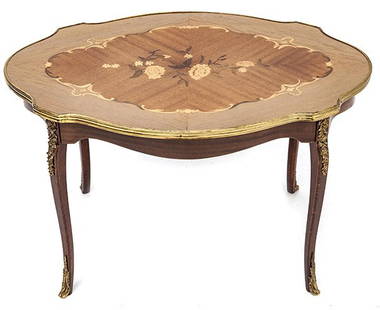 French Table: Louis XV Style, brass, satinwood, floral center, ormolu trim Size 32w x 21 1/2d x 20 1/2h