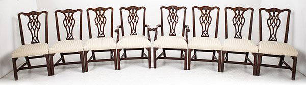 Mahogany Dining Chairs: Set of eight, lattice back, Chippendale leg. Two arm, six side. Size armchairs-24.5w x 24d x 39.5h, side chairs 21w x 23d 39.5h. Seat height 18.5.