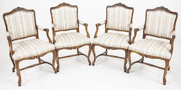 Parlor Chairs: French, Louis XIV Style. Set of four, walnut, upholstered, 1900's. Size 24" x 19.5"D x 39.5"H seat 19"
