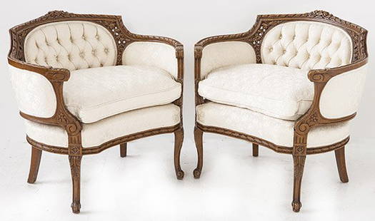 Carved Parlor Chairs: Pair, French,1900's, Walnut, upholstered. 28w x 34h x 28d seat height 24