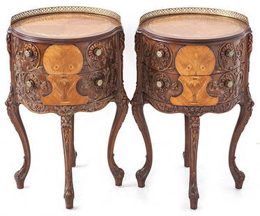 Two Drawer Commodes: Pair, French style. Brass Gallery, walnut, carved frame 1900's 18 1/2w x 17 1/4d x 301/4h
