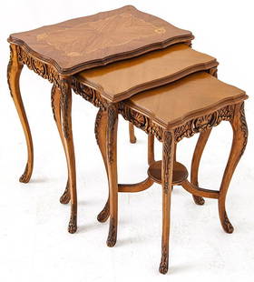 Nesting Tables: French, Walnut, carved frames, 1900 size 22w x 25h x 16d table height 25 1/4 with glass top