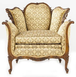 Parlor Chair: French, carved frame, upholstered, 1900's size 36w x 36d x 36h seat height 19