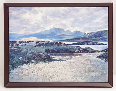 Michael Scott Oil: On canvas, Mountain and water. Signed LL, sight 32h x 42w