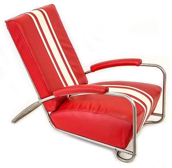 Rare Gilbert Rohde Lounge Chair: Lounge chair, Troy Sunshade Company, 1930, Chrome plated steel, vinyl, wood. Size 25"W x 45"D x 34.25"H