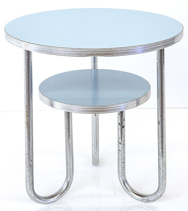 Wolfgang Hoffmann Occasional Table: Two tier table, 1940's, Royal-Chrome. Chrome plated steel, laminate Size 24 dia x 25h