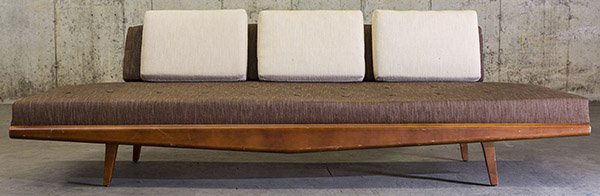Adrian Pearsall Sofa: Loose cushion sofa, Craft Associates, walnut, upholstery. Size 100w x 31d x 28h