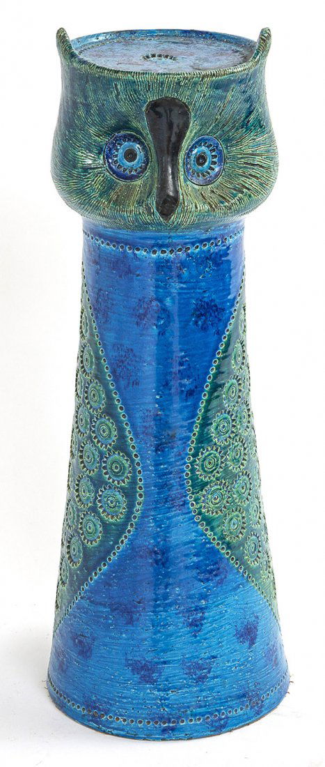 Aldo Londi, Monumental Owl: Large ceramic owl, Bitossi, Italy, 1960's Remini Blue Size 19.75"H x 7.25" Dia.