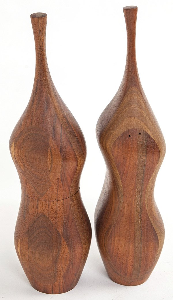 Daniel Loomis Valenza Peppermill and Salt Shaker: Impressive hand carved exotic wood peppermill and salt shaker. Abstract table sculptures. 1970's Size 4w x 4d x 15.15h