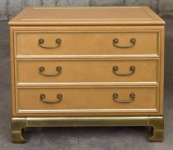Mastercraft Chest: Chest, three drawers, manufacturer label to back. Faux ostrich lacquer over wood, brass. Size 36.25w x 20.25d x 33h