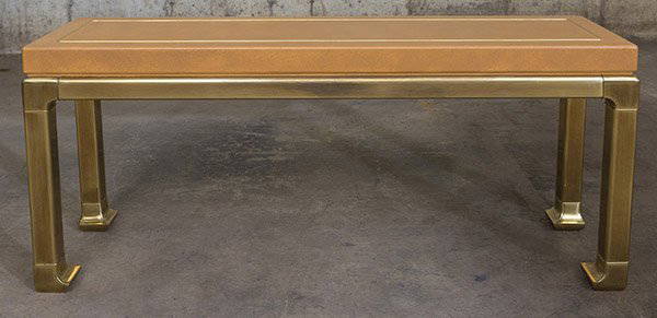 Mastercraft Console: Console/Sofa table. Faux Ostrich skin lacquer over wood, brass. Size 60w x 16d x 28h
