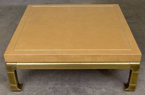 Mastercraft Coffee Table: Coffee table, Faux Ostrich skin lacquer over wood, brass. Size 43w x 43d x 16h