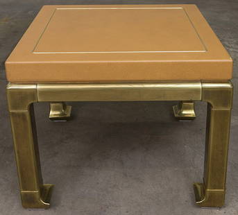 Mastercraft Occasional Table: Lamp table, Faux Ostrich skin lacquer over wood, brass. Size 24w x 26d x 24h
