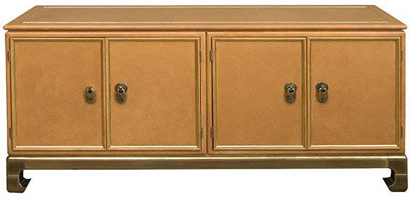 Mastercraft Credenza: Special order credenza. Four door with Asian accented hardware concealing storage and one drawer. Manufacturer label to verso. Original cost $16000.00 Due to cost, this piece had to be ordered. Faux