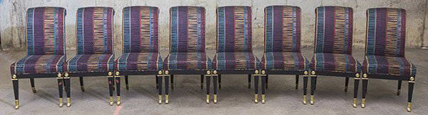 Baker Dining Chairs: Dining chairs, set of eight, Neoclassical scrolled legs, black and gold lacquer over wood, upholstery. Manufacturers label to underside. Size 20.5w x 28d x 40h. ******Please note these chairs were