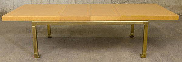 Outstanding Mastercraft Dining Table: Special order Dining table. Two, 20" leaves. Table features interior storage for leaves when leaves are not in use. Embossed rectangular pattern to top. Faux Ostrich skin lacquer over wood, brass.