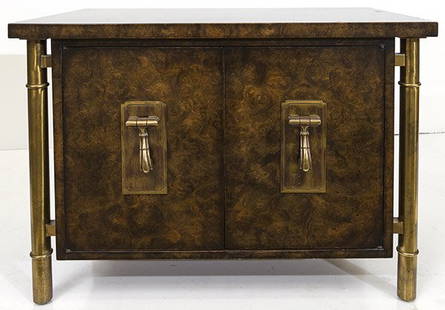 Bernhard Rohne Stand/Mastercraft: Night Table, three drawers. Bamboo base. Manufacturers label in drawer. Burl wood, brass. Size 32w x 20d x 24.5h