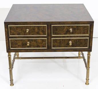 Bernhard Rohne Stand/Mastercraft: Night table, two door with interior shelf. Bamboo legs. Burl wood, brass Size 28w x 20d x 24h.