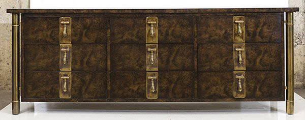 Bernhard Rohne Console/Mastercraft: Console/Credenza/Dresser. Nine drawers, bamboo legs, burl wood, brass. Size 84w x 20d x 31.5h.