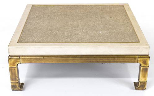 Mastercraft Coffee Table: Coffee table, faux snake skin lacquer over wood, brass. Size 43w x 43d x 16h