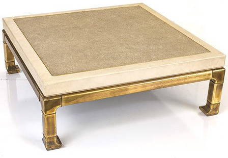 Mastercraft Coffee Table: Coffee table, faux snake skin lacquer over wood, brass. Size 43w x 43d x 16h