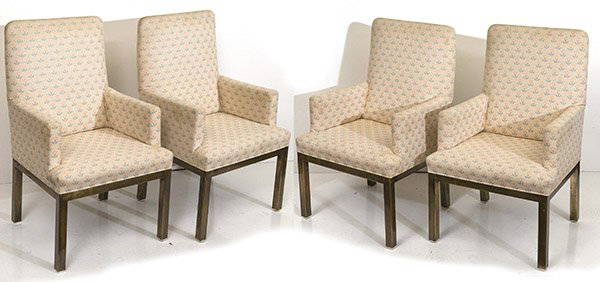 Mastercraft Dining Chairs: Gaming chairs, set of four. Brass, upholstery. Size 24.5w x 23df x 39h.
