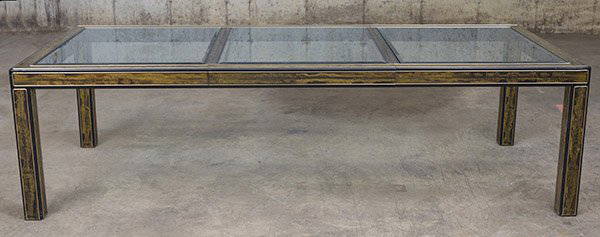 Bernhard Rohne Dining Table/Mastercraft: Dining table, acid etched brass, beveled glass, lacquered wood. One 32" leaf. Mastercraft Size 104.5w x 44d x 29.75h. Closed 72w.