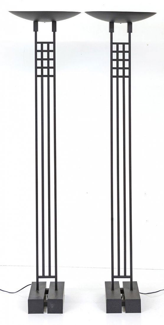 Kovacs Torchiere Lamps: Skyscraper floor lamps, pair. Enameled steel. Size 15.75 dia x 69.5 h.