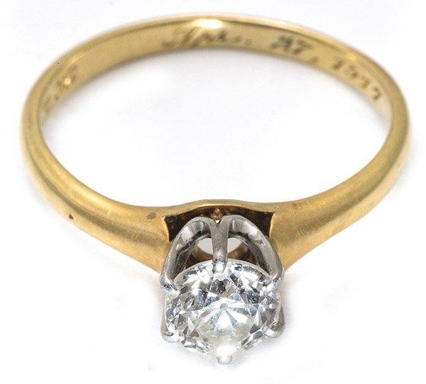 Engagement Ring: 14K yellow gold, old European cut, approx. .70 cts, approx. 1.8 dwt Size 6