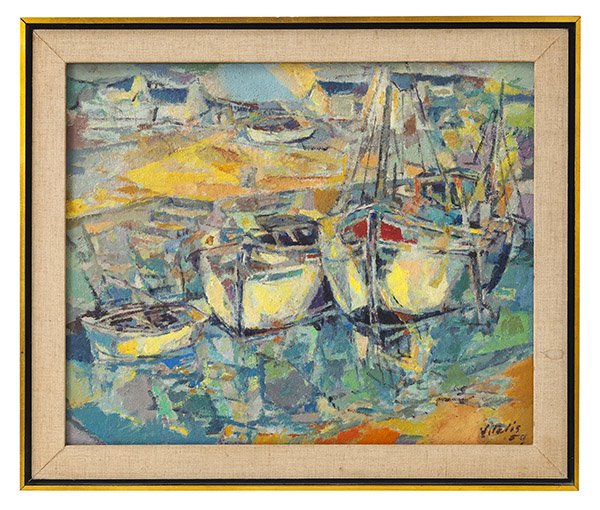 Macario Cruz Vitalis (1898-1990) California Oil: Oil on canvas, cubist style beats. Signed LR Size 18 x 22 sight