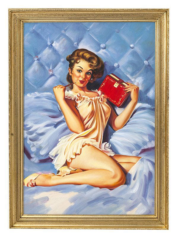 Pin Up Girl, Oil: Oil on canvas, Lady wearing her nightgown leaning against the headboard. Size 36 x 24