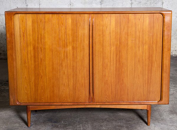 Bernhard Pedersen and Son Credenza: Tambour Door Credenza, Selig. Teak 1960's. Doors concealing interior drawers and adjustable shelves for storage. Size 65w x 19 3/4d x 50 1/2h