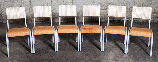 Lurelle Guild Dining Chairs: Dining chairs, set of six, original vinyl, aluminum. Kensington. Size 17.5w x 21d x 32h Seat height 18